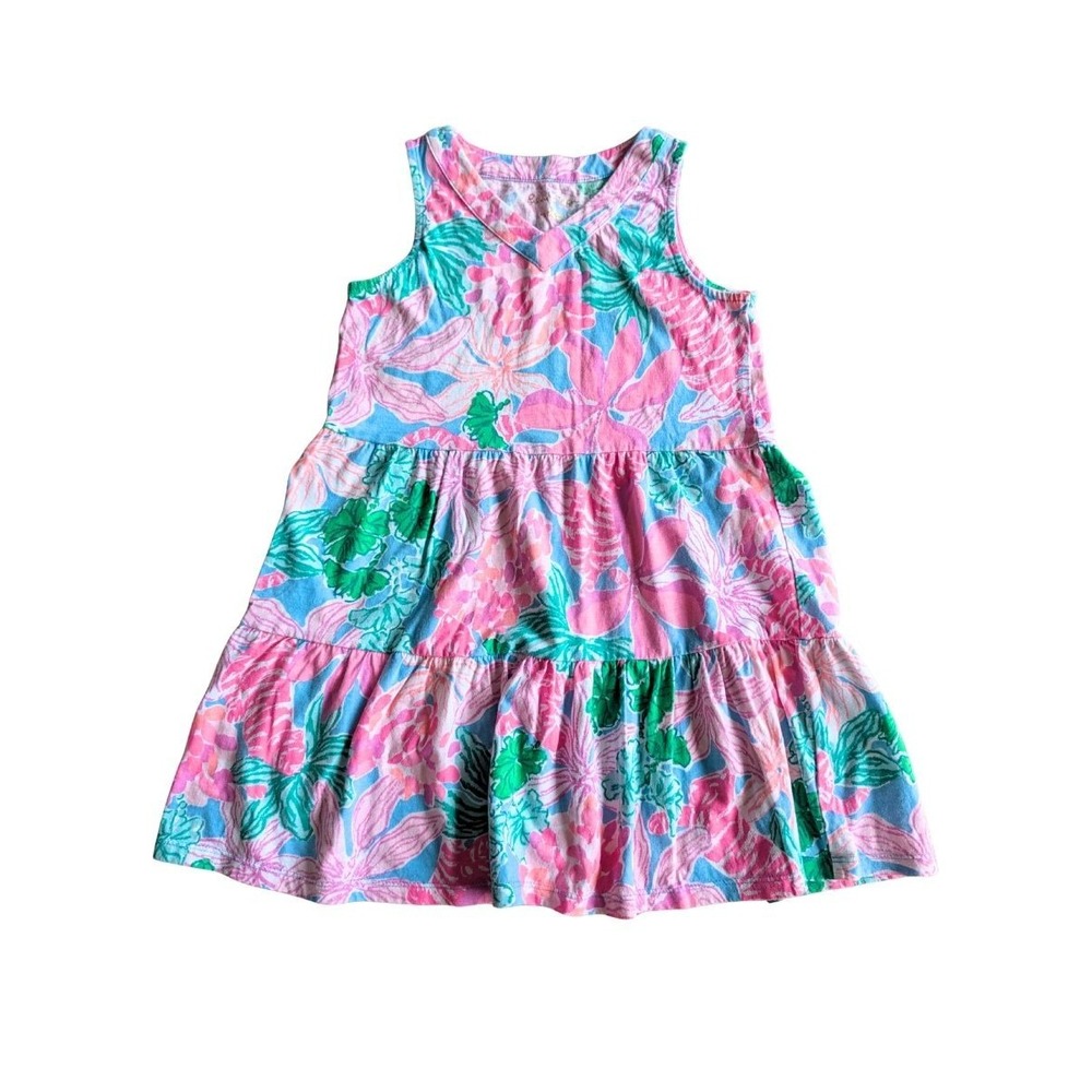 Lilly Pulitzer Girls M 6/7 Floral Tiered Dress Pink Blue Green Cotton